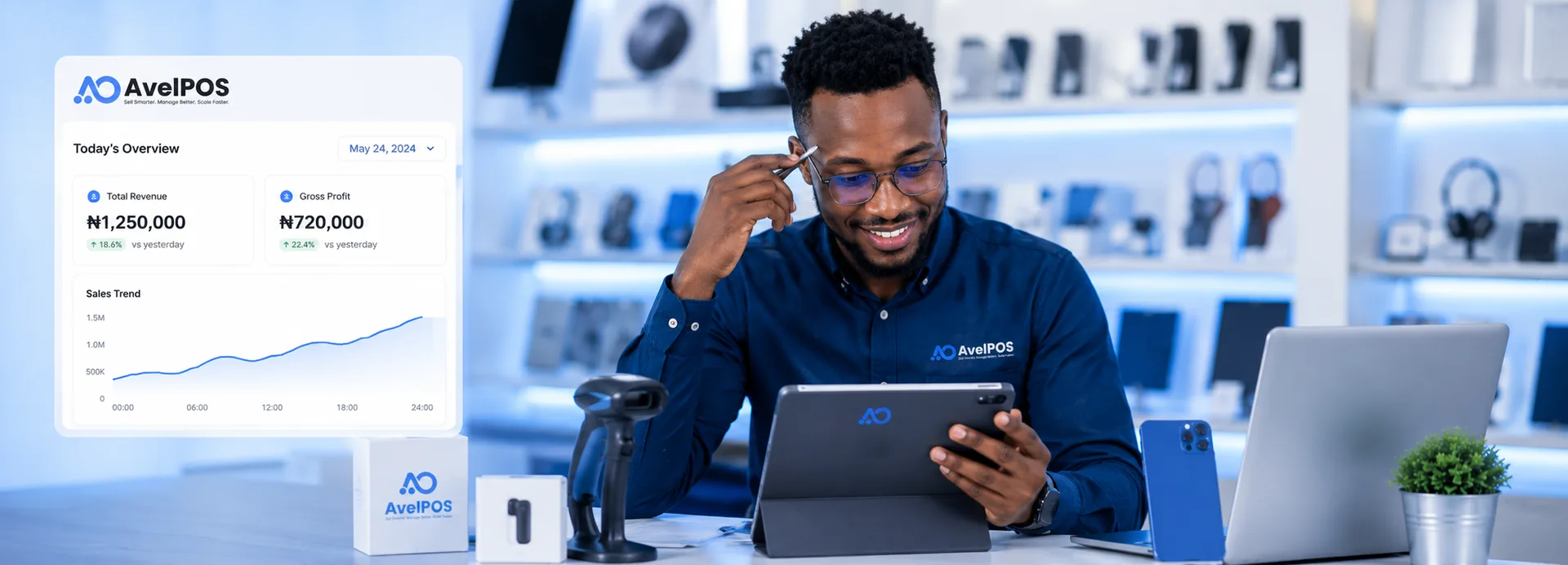 Business owner reviewing analytics on AvelPOS