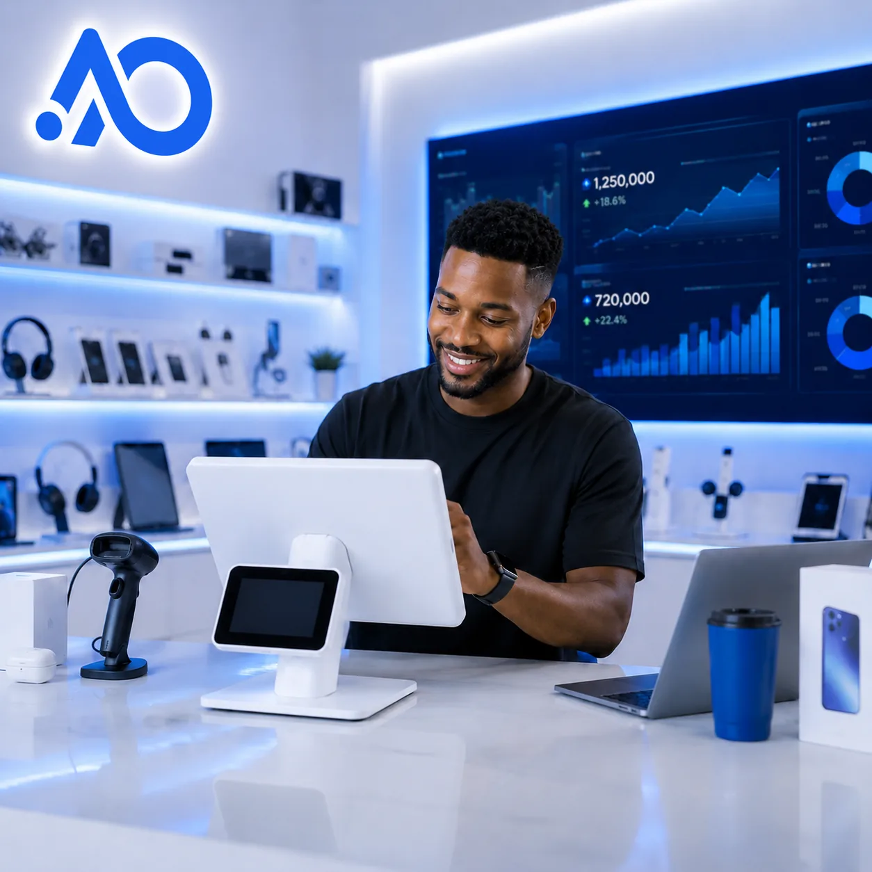 AvelPOS branded store with hardware and live analytics dashboard