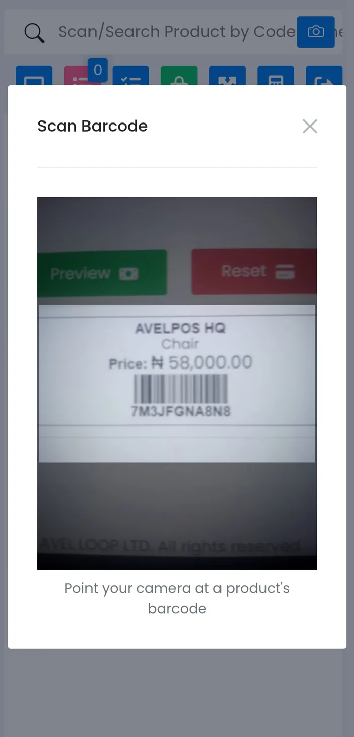 AvelPOS camera barcode scanner on a phone