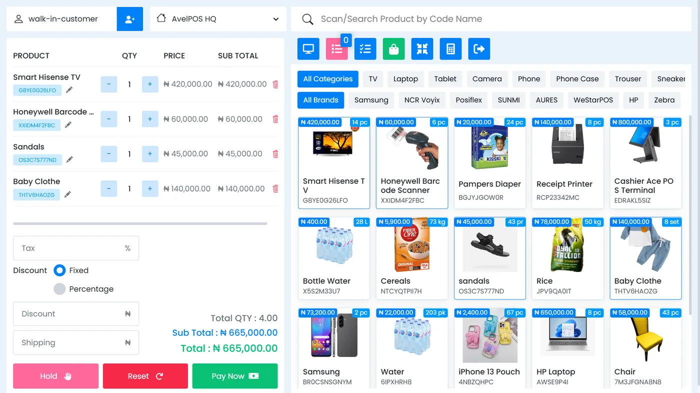 AvelPOS point-of-sale checkout screen