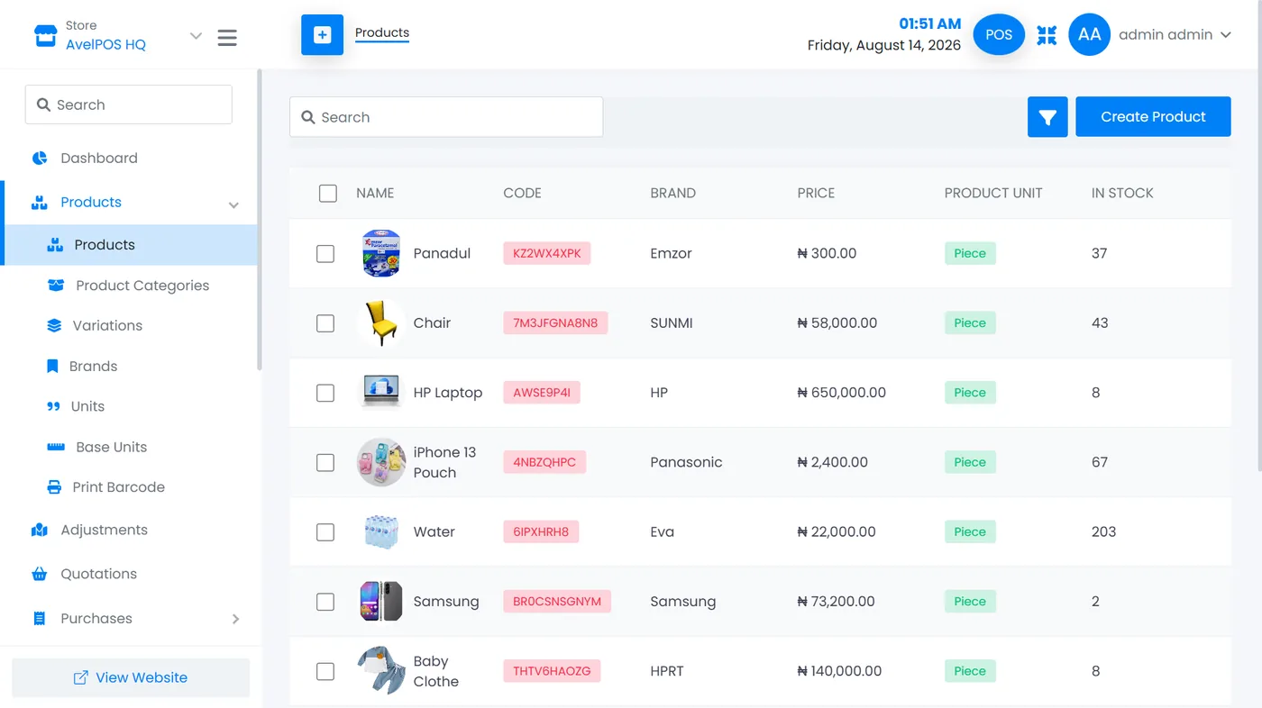 AvelPOS product catalog screen